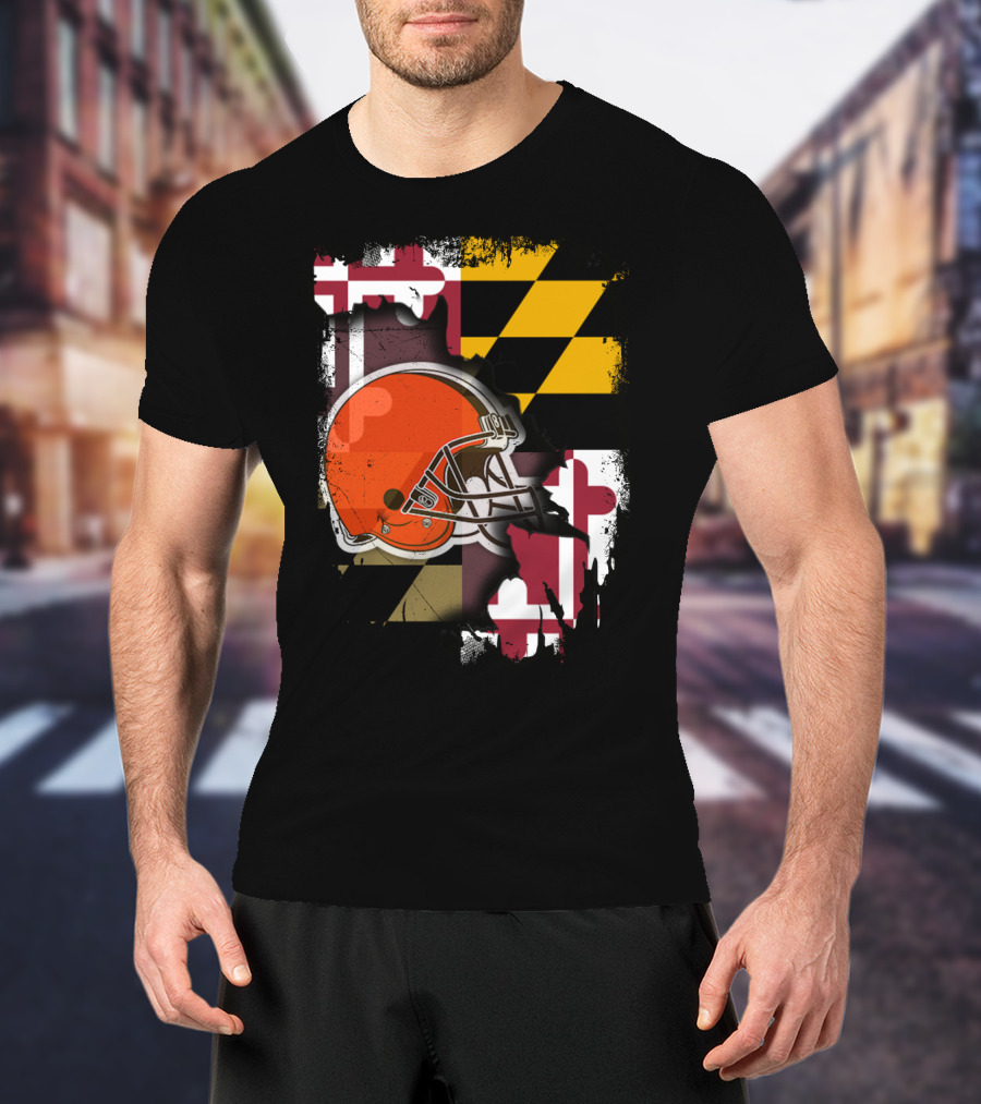 Maryland Flag With Cleveland Browns Helmet T-Shirt