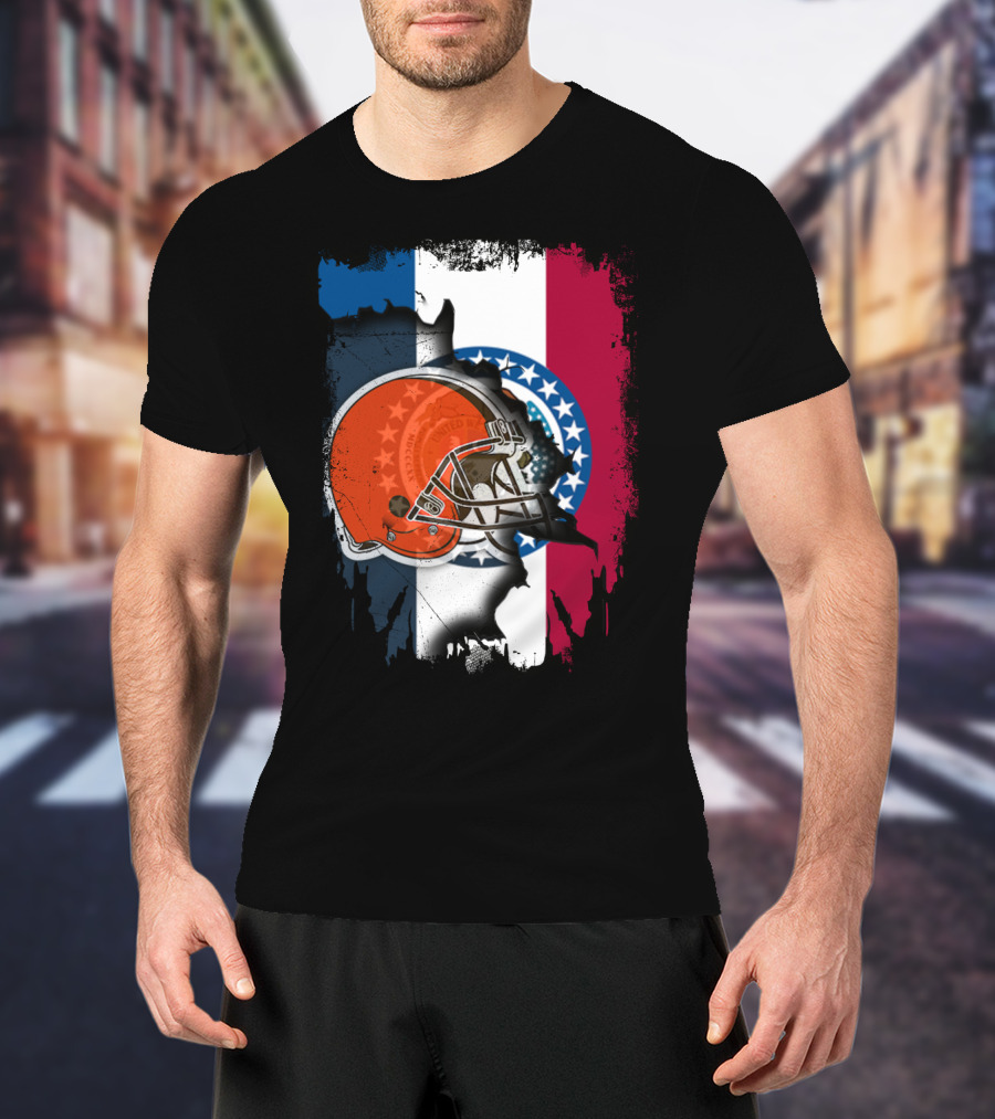 Cleveland Browns Helmet Over Missouri Flag Background T-Shirt