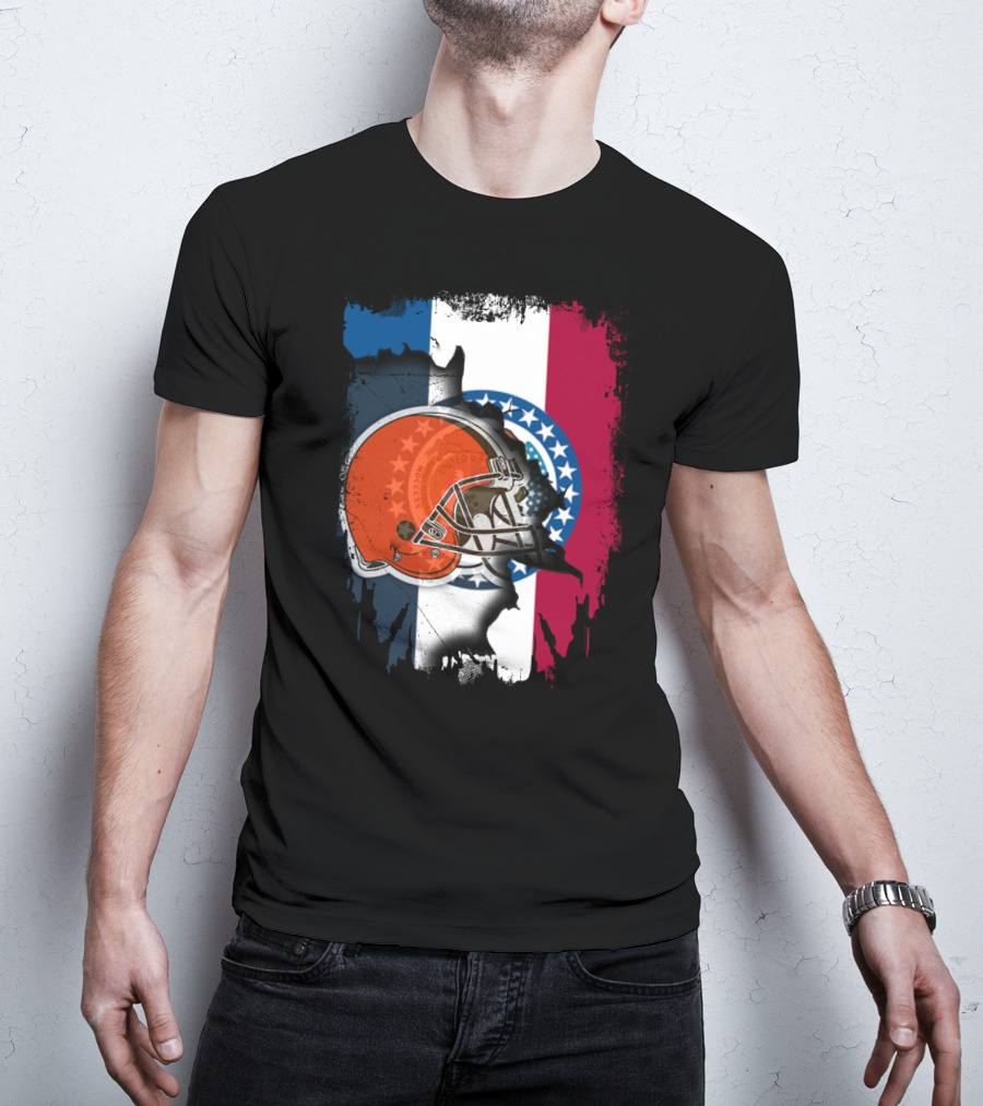 Cleveland Browns Helmet Over Missouri Flag Background T-Shirt