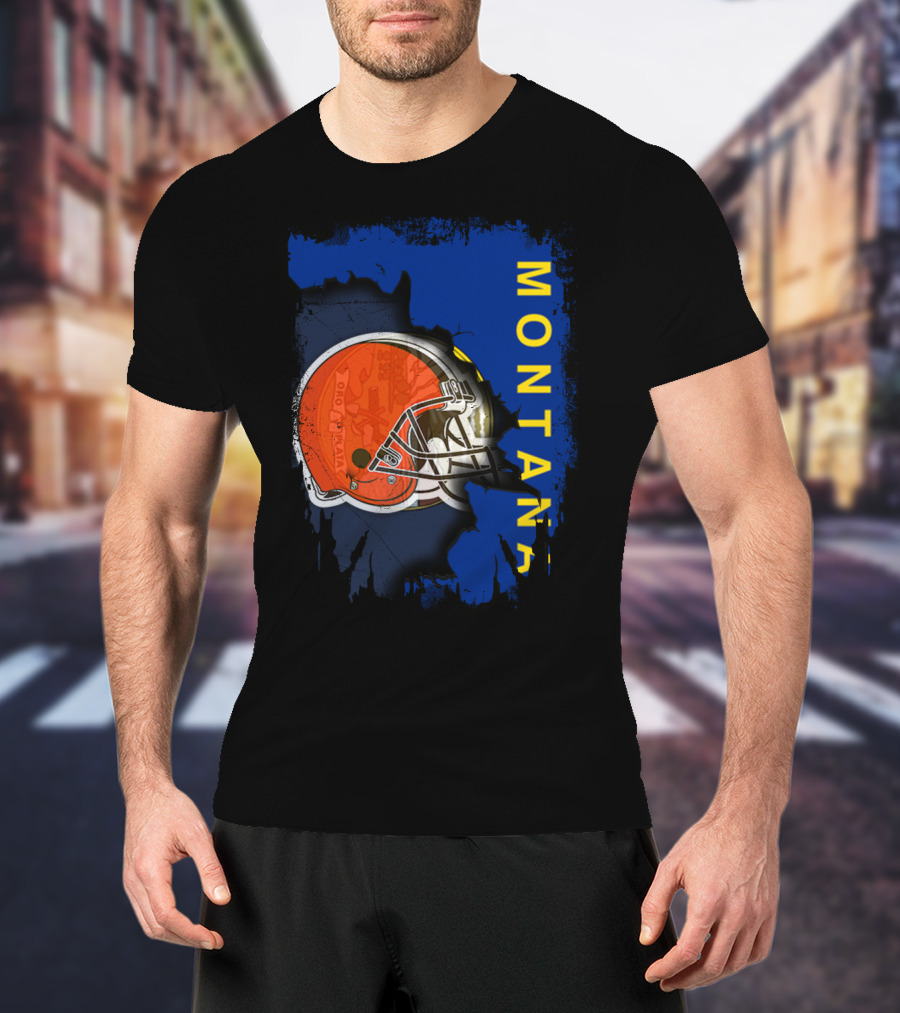 Montana Collaboration With Orange Football Helmet Browns Connection T-Shirt