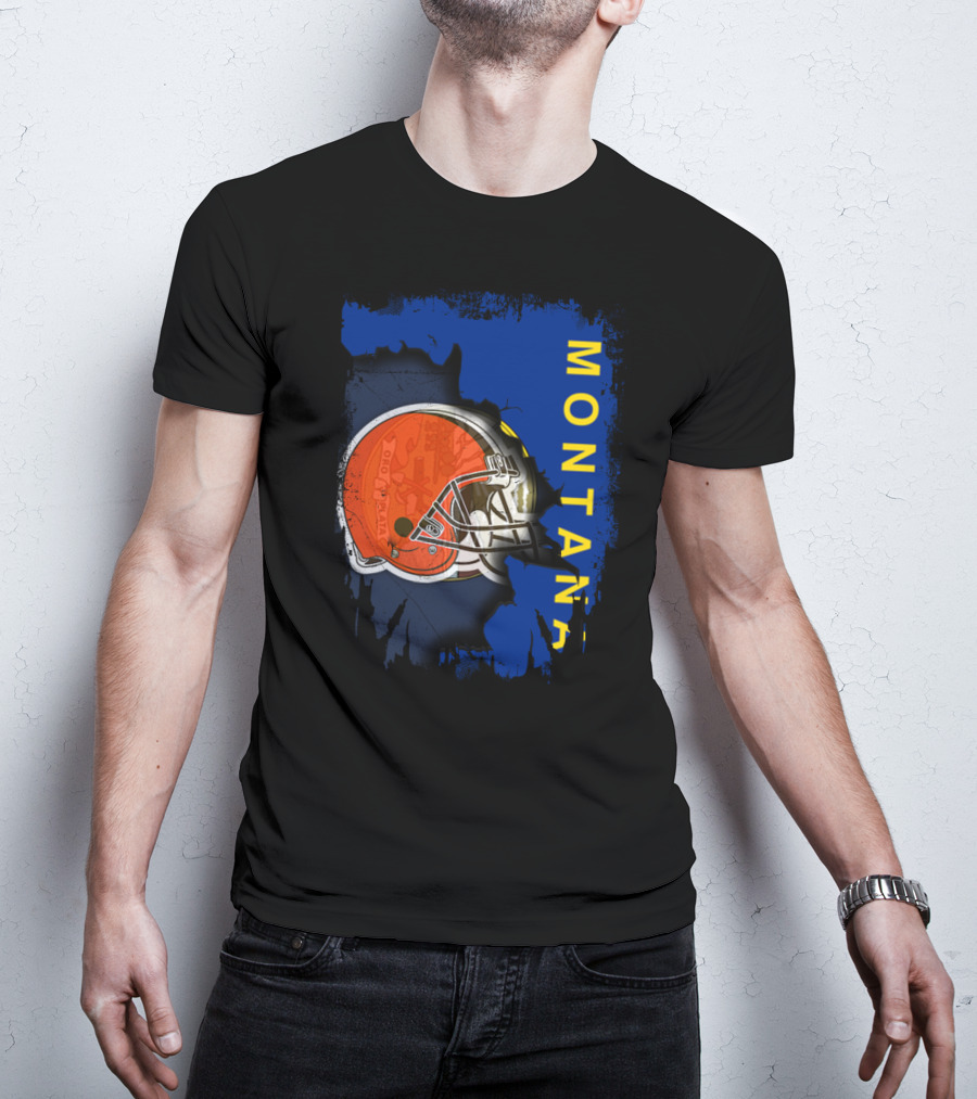 Montana Collaboration With Orange Football Helmet Browns Connection T-Shirt