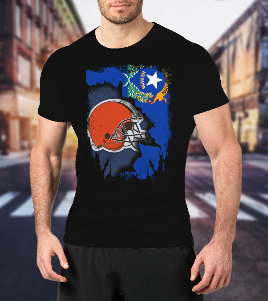 Nevada State Flag With Cleveland Browns Helmet Fusion T-Shirt
