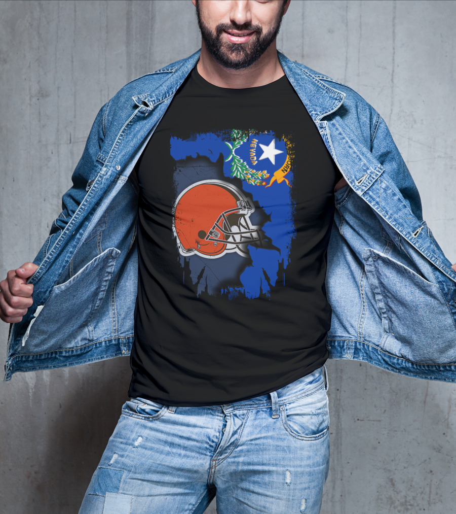 Nevada State Flag With Cleveland Browns Helmet Fusion T-Shirt