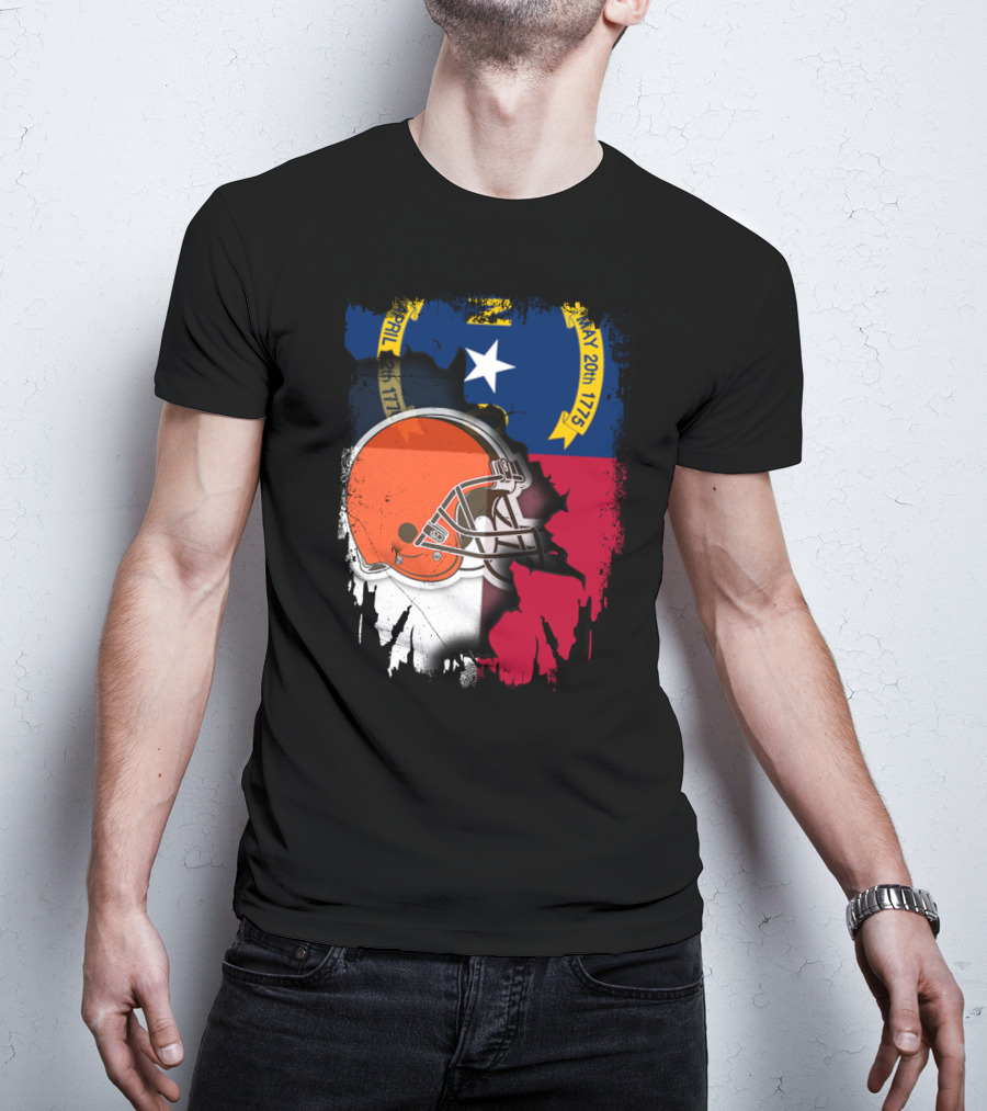 North Carolina State Flag Blended With Cleveland Browns Helmet T-Shirt