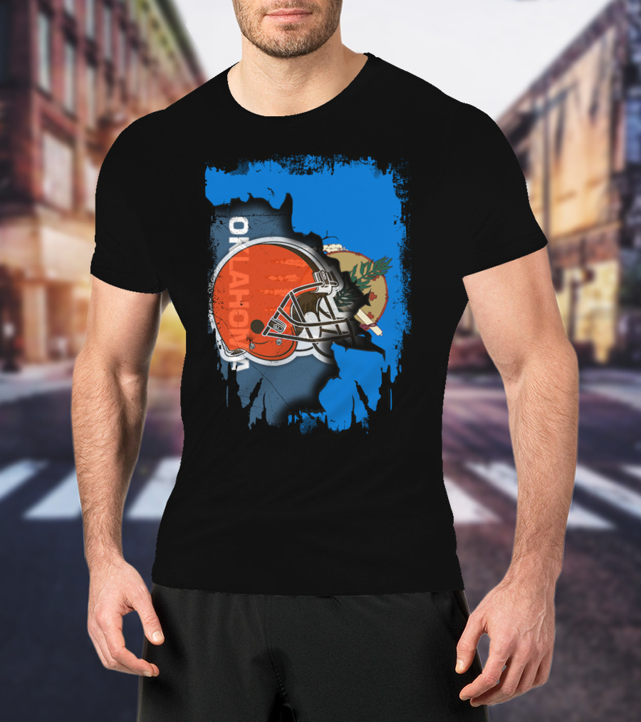 Oklahoma Browns Helmet Over State Flag T-Shirt