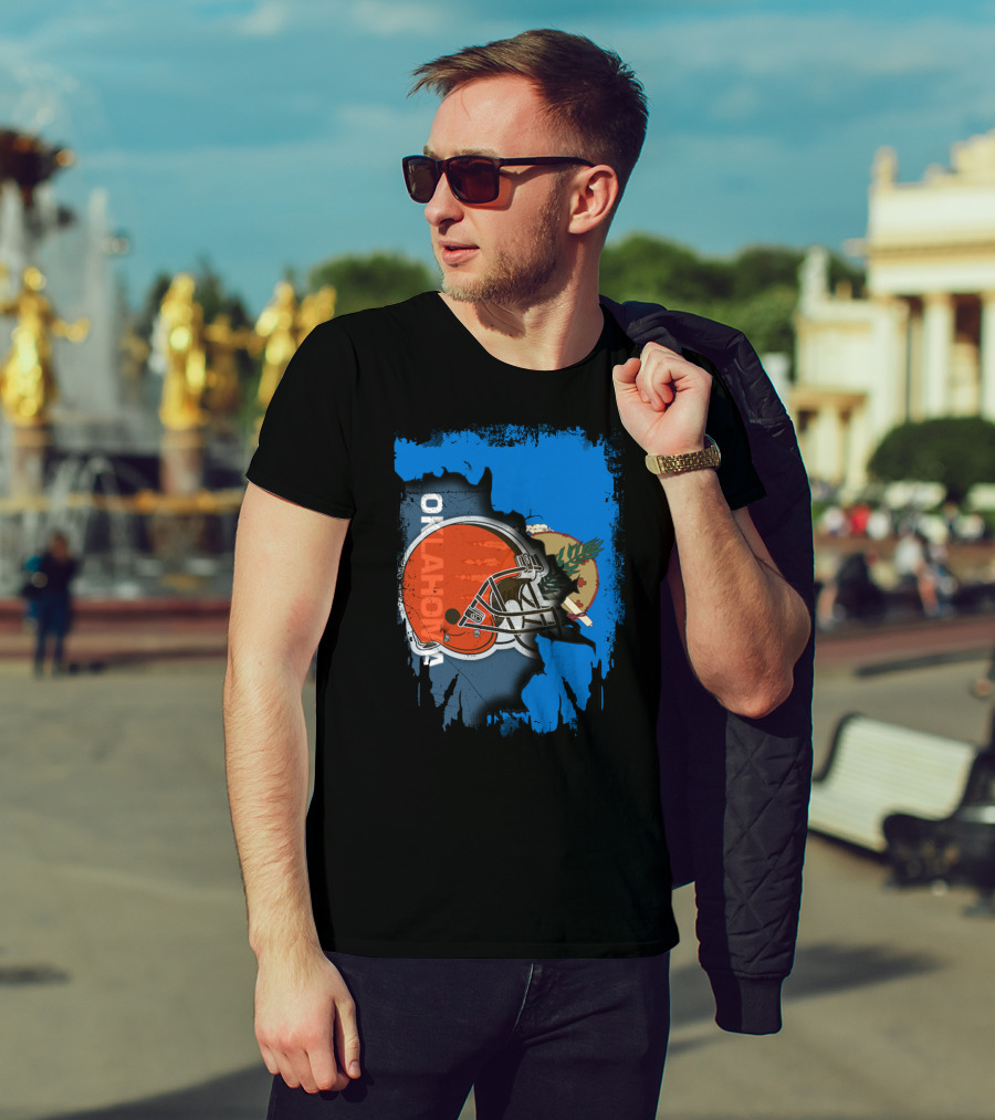 Oklahoma Browns Helmet Over State Flag T-Shirt