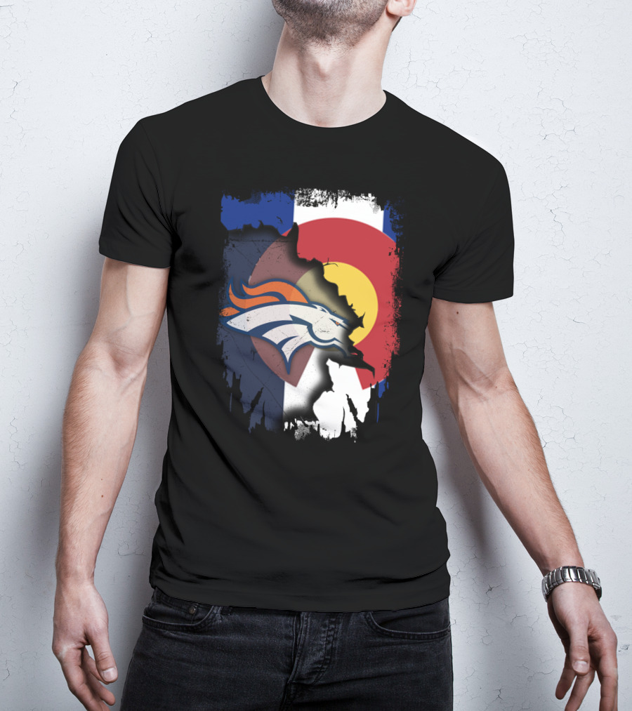 Colorado Flag With Broncos Logo Fusion T-Shirt