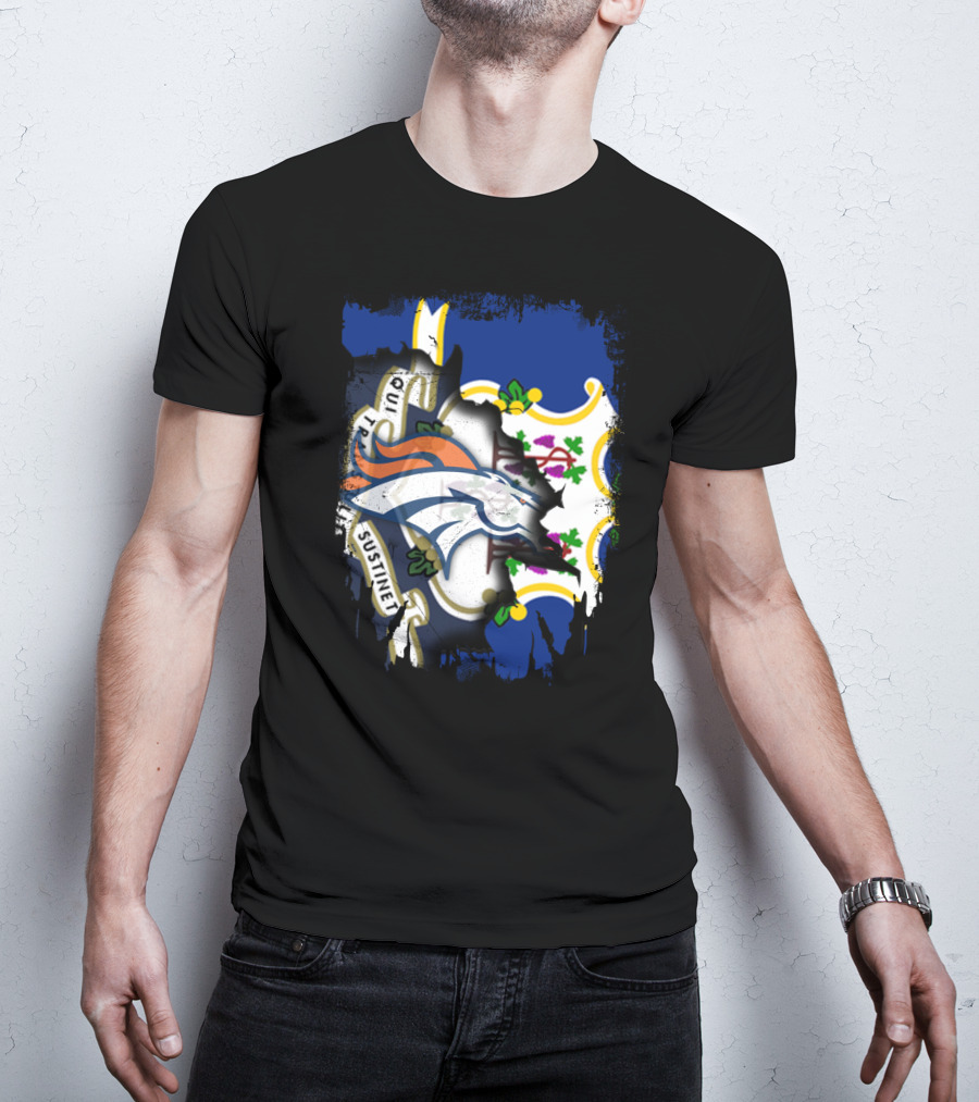 Connecticut And Broncos Logo Fusion With State Motto Motif T-Shirt