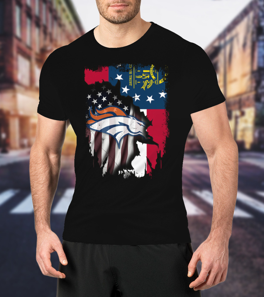 Georgia State With Denver Broncos Flag Fusion T-Shirt