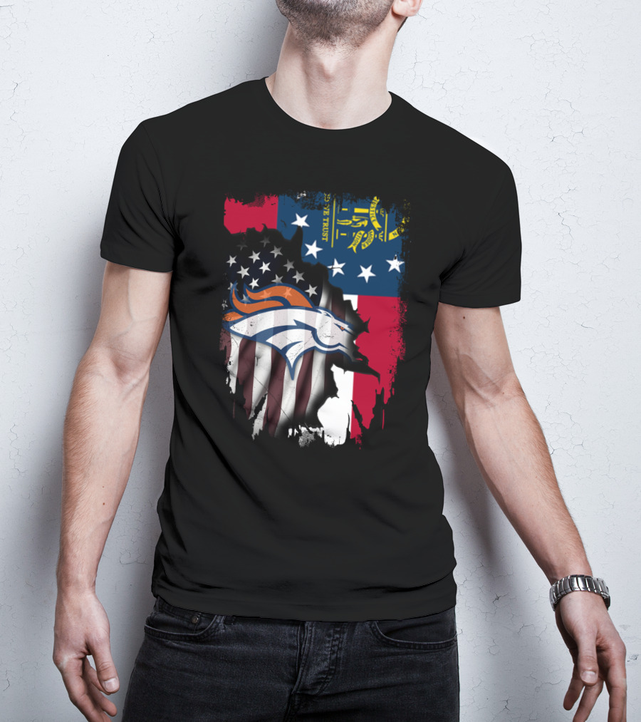 Georgia State With Denver Broncos Flag Fusion T-Shirt