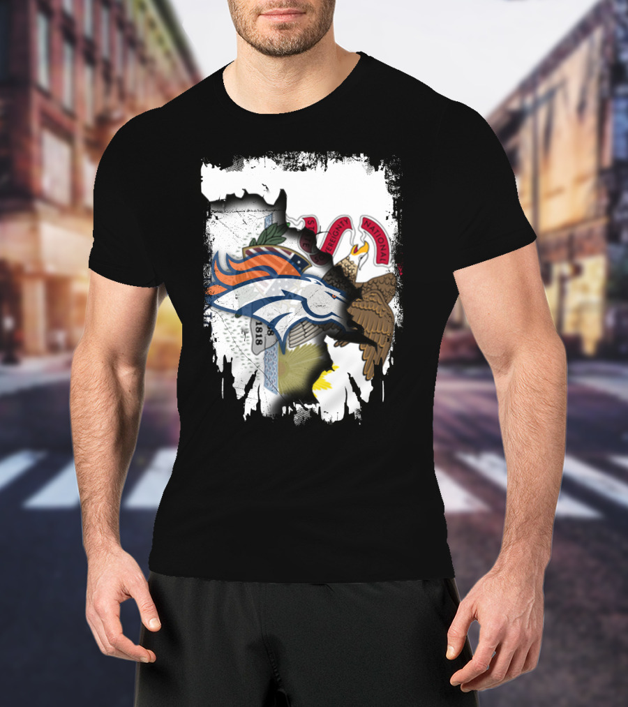 Illinois Flag Background With Denver Broncos Logo Collaboration T-Shirt