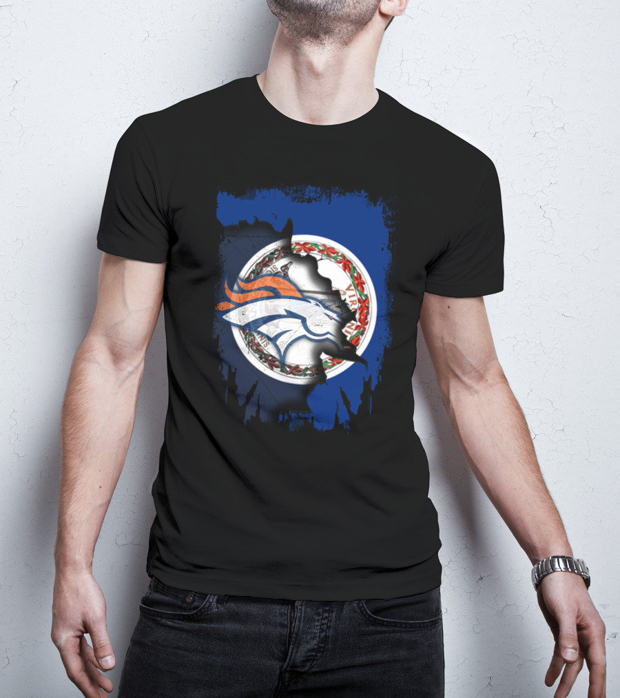 Together Virginia With Broncos Logo Over State Flag T-Shirt