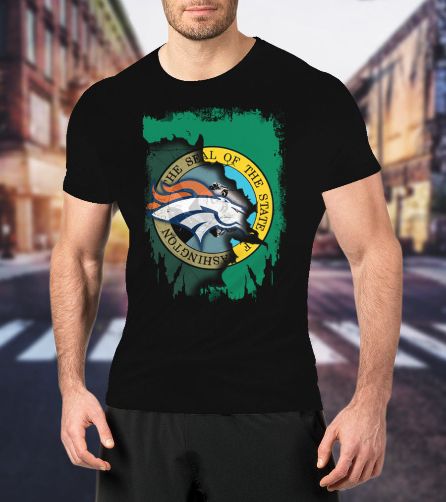 The Seal Of The State Of Washington With Broncos Logo Fusion T-Shirt
