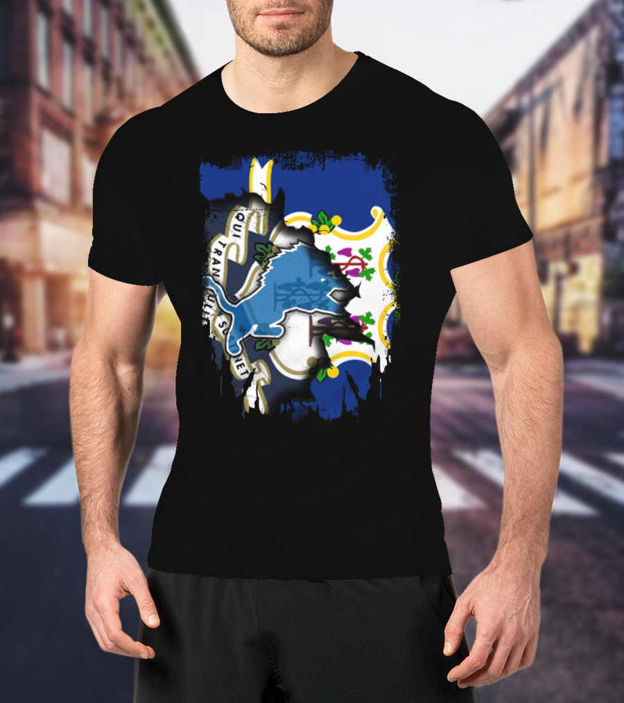 Connecticut State Flag With Detroit Lions Logo Fusion T-Shirt