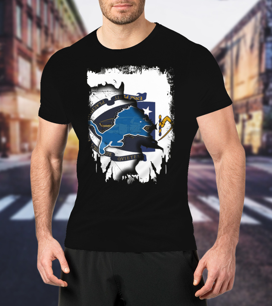 Detroit Lions And Massachusetts Flag United T-Shirt