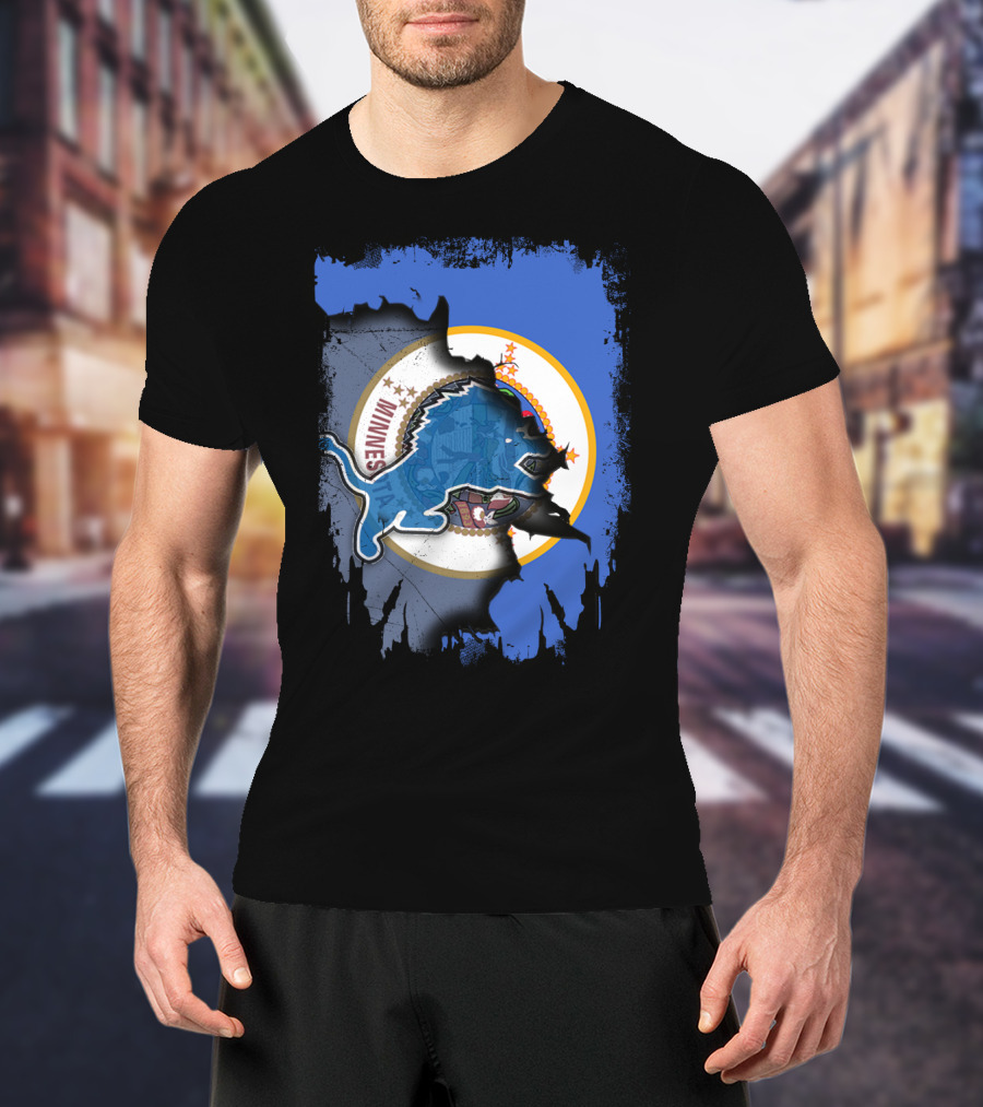Minnesota State Flag With Detroit Lions Logo Together T-Shirt