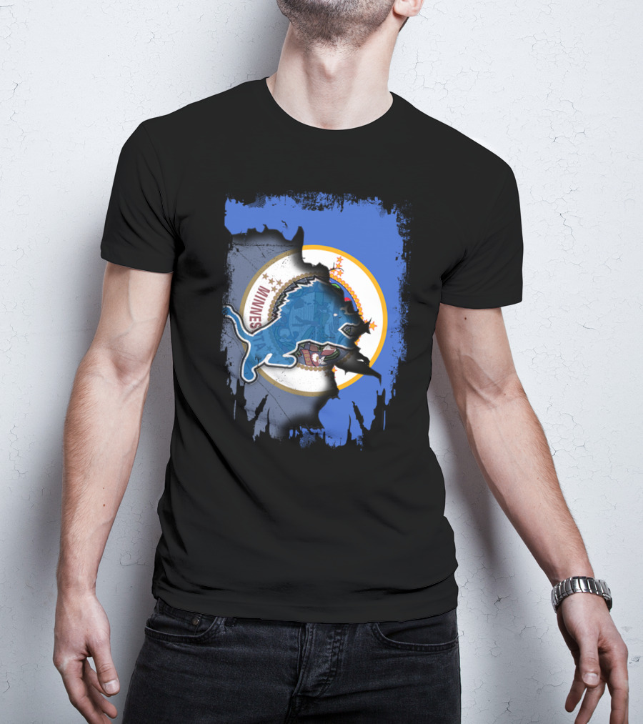 Minnesota State Flag With Detroit Lions Logo Together T-Shirt