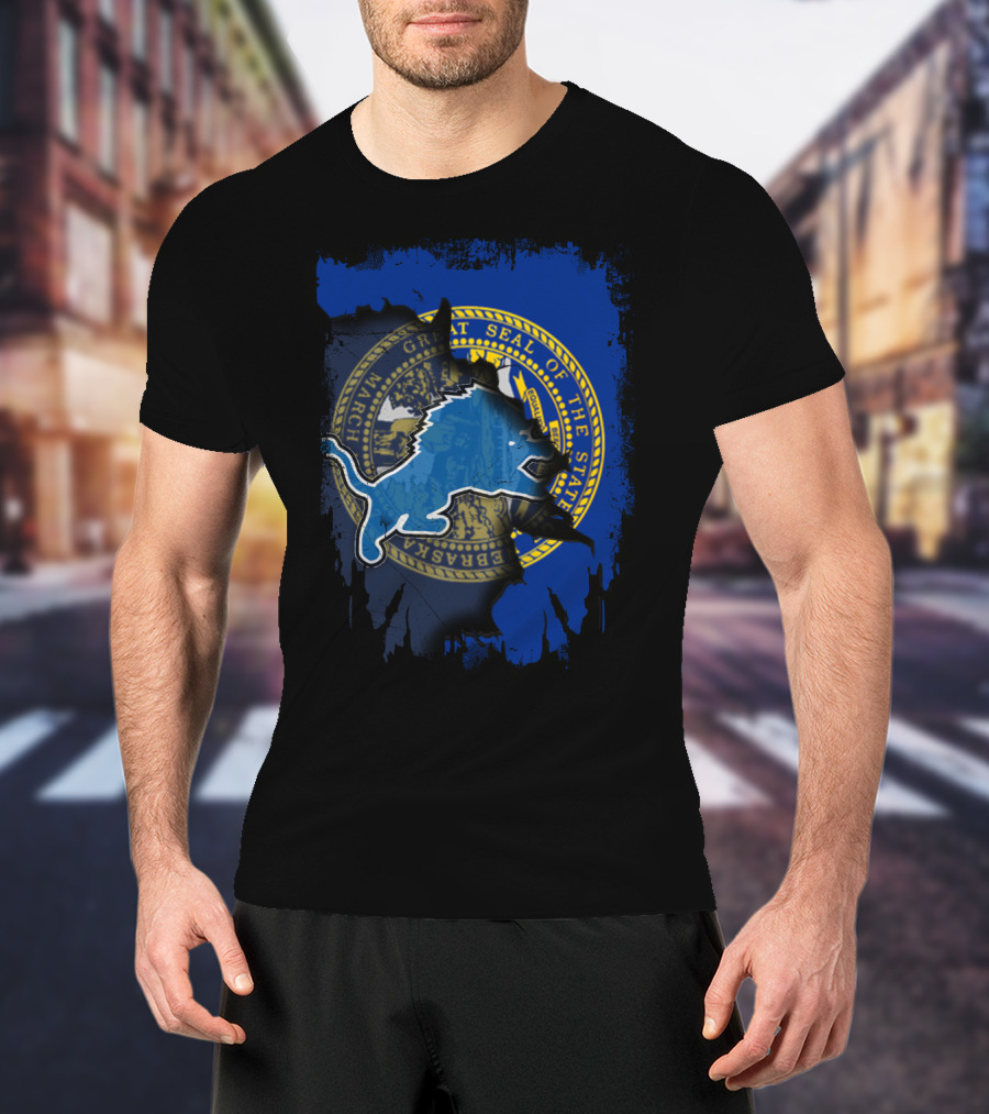 Great Seal Of Nebraska With Detroit Lions T-Shirt