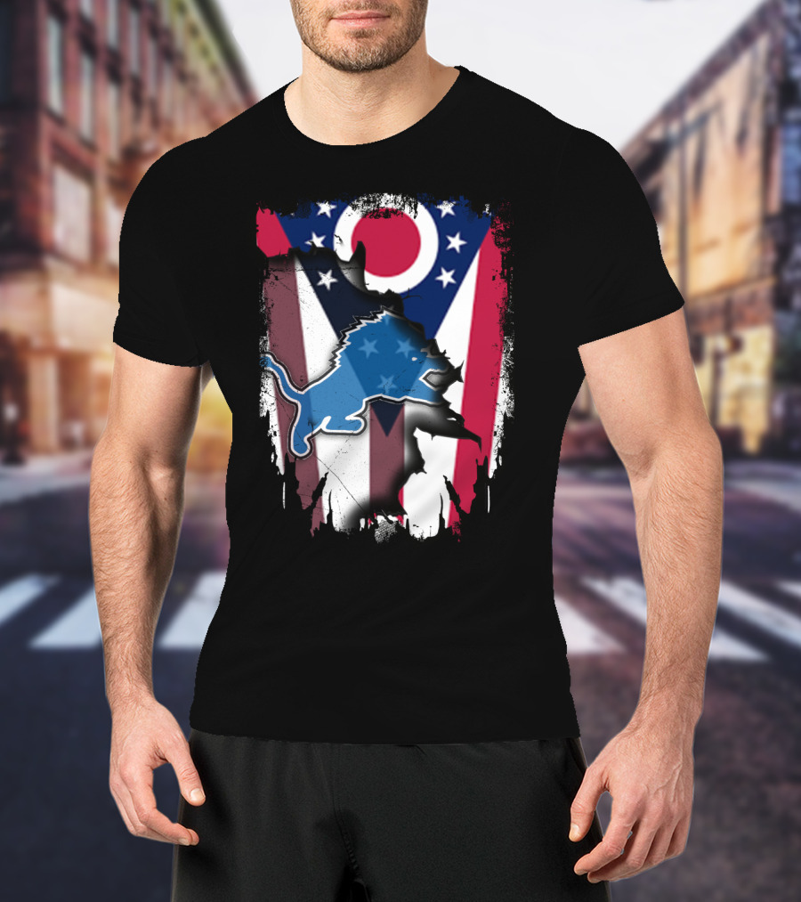 Ohio Flag With Detroit Lions Star-Spangled T-Shirt