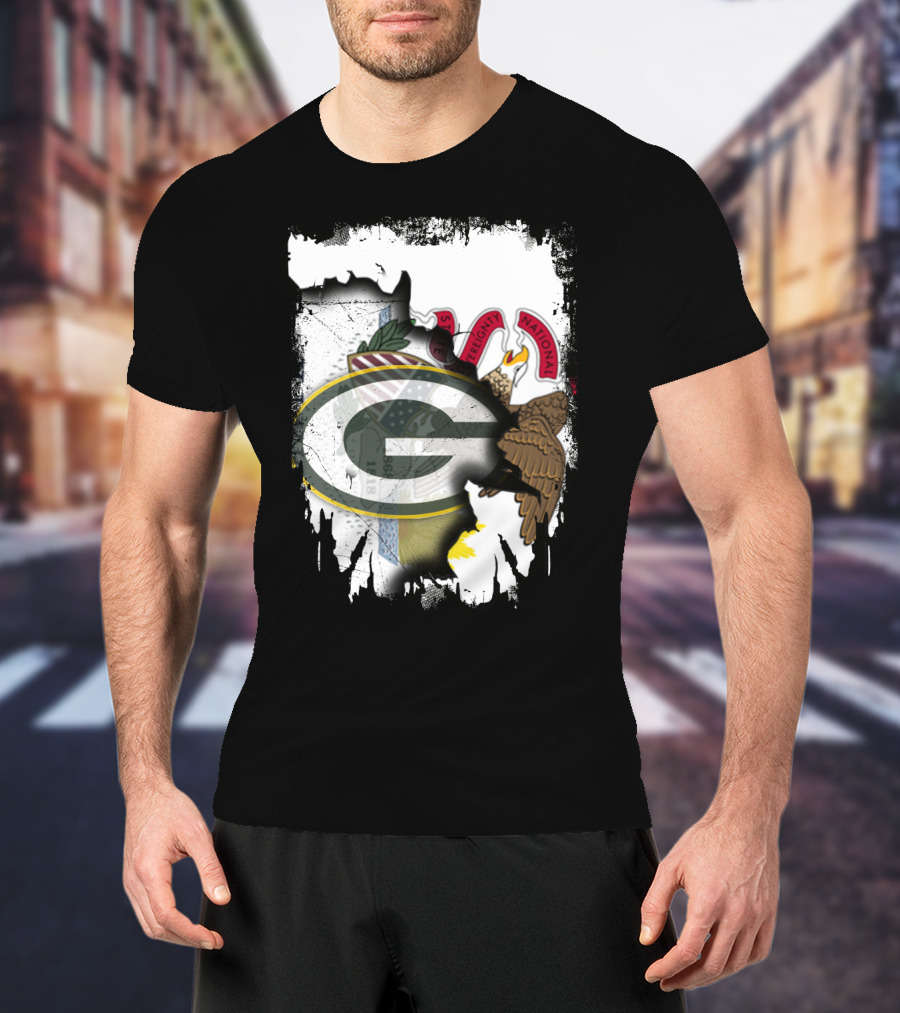 Illinois State Flag Blended With Green Bay Packers T-Shirt