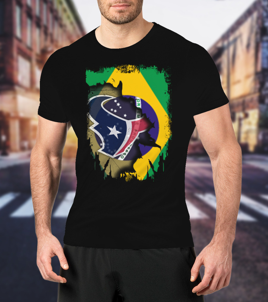 Brazilian Flag And Texans Logo Integration: Together Brazil With Texans T-Shirt