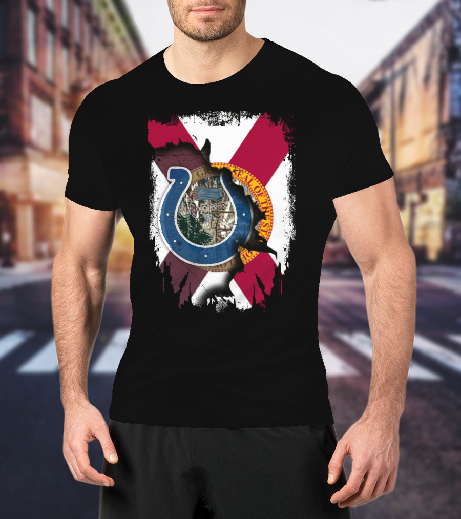 Florida Flag Background With Indianapolis Colts Horseshoe T-Shirt