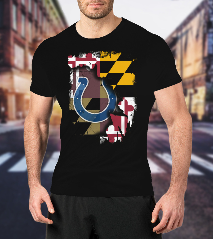 Maryland Flag With Colts Horseshoe NFL T-Shirt