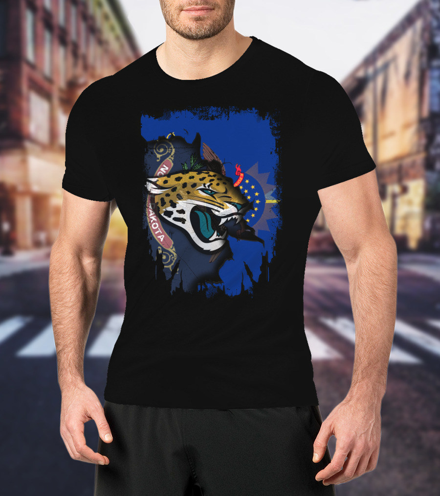 North Dakota State Flag With Jaguars Emblem Fusion T-Shirt