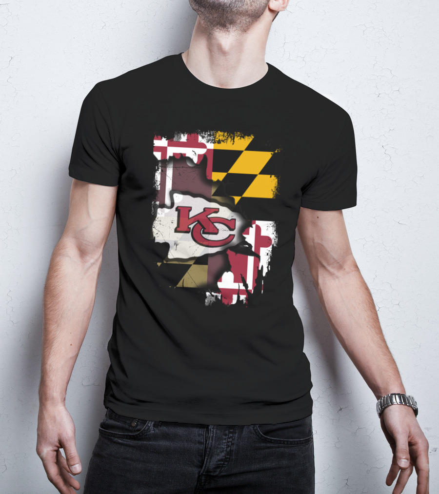 Maryland Flag With KC Chiefs Logo Background T-Shirt