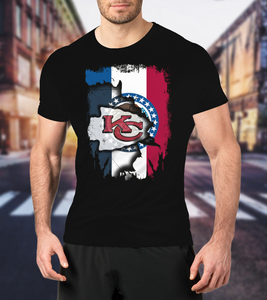 KC Chiefs Logo On Torn Missouri Flag Design Together T-Shirt