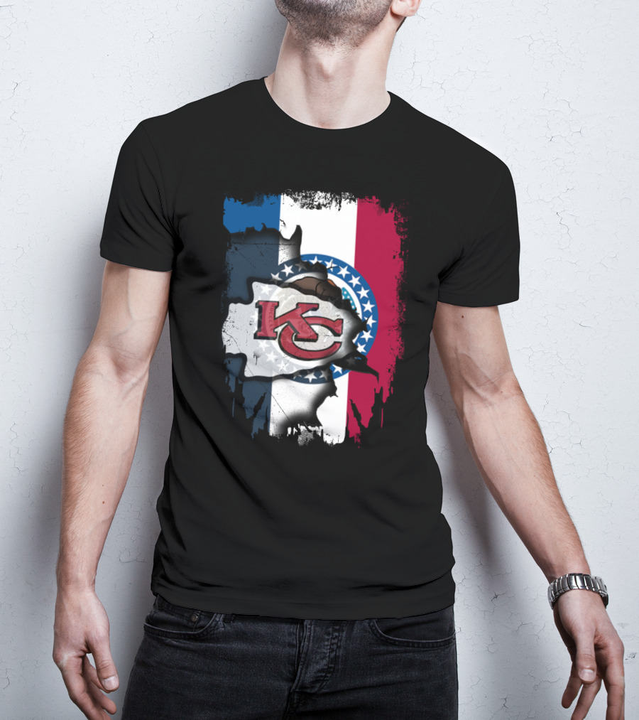 KC Chiefs Logo On Torn Missouri Flag Design Together T-Shirt
