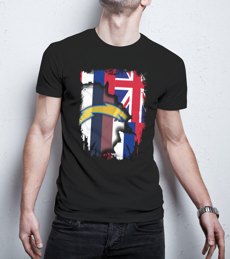 Hawaii Support With Chargers Logo And Hawaiian Flag Background T-Shirt