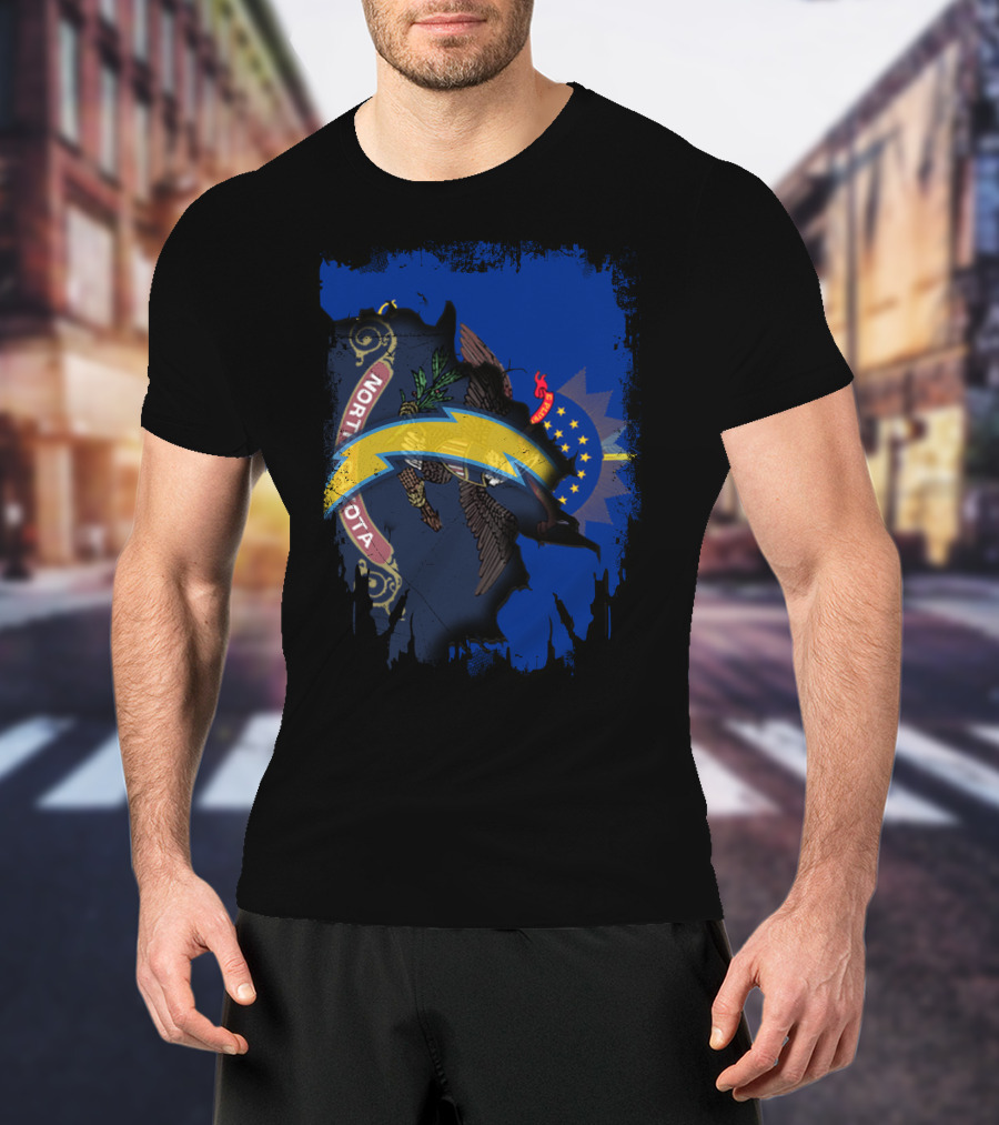 North Dakota State Flag With Chargers Bolt T-Shirt