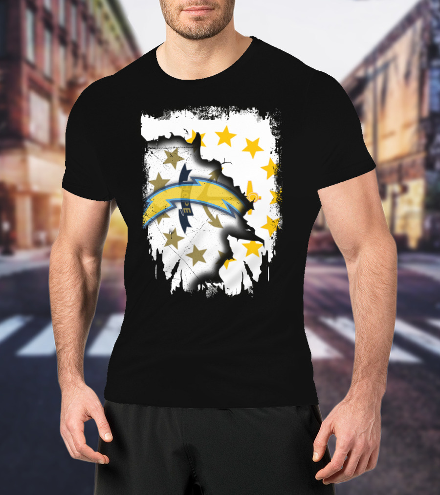 Rhode Island Map With Chargers Logo And Stars T-Shirt