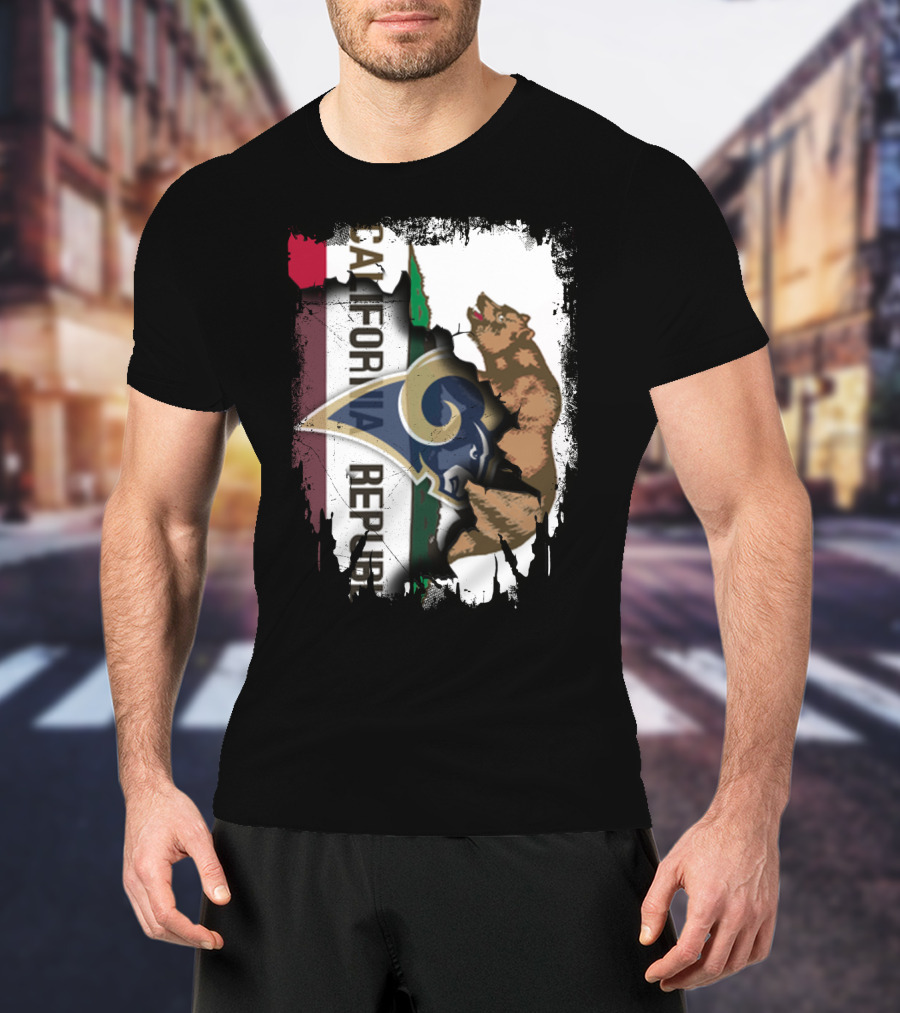 California Republic With Rams Logo Featuring Bear And State Flag T-Shirt
