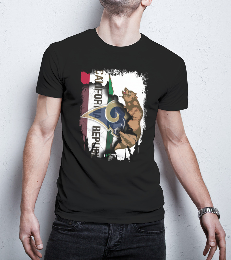 California Republic With Rams Logo Featuring Bear And State Flag T-Shirt