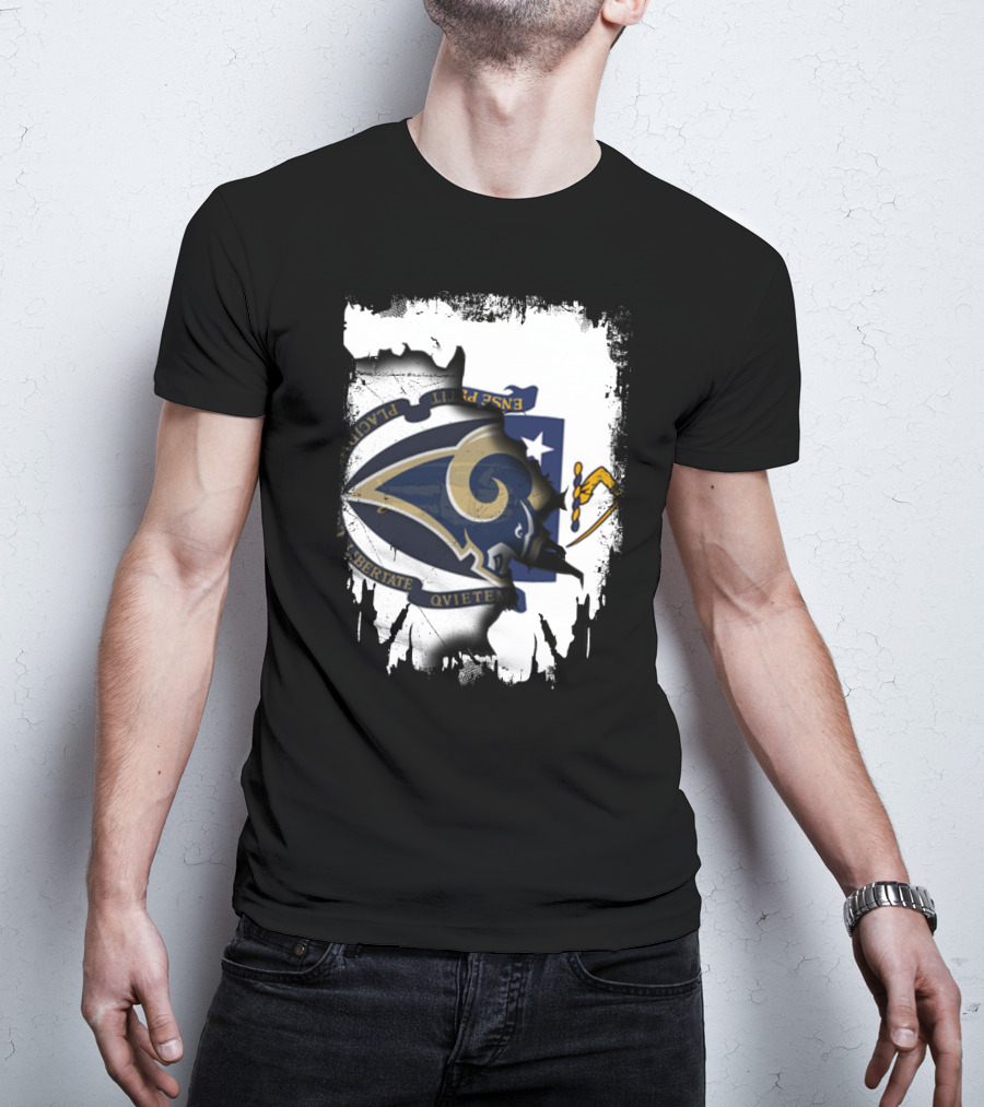 Massachusetts Together With Rams Logo Inside Torn Flag T-Shirt