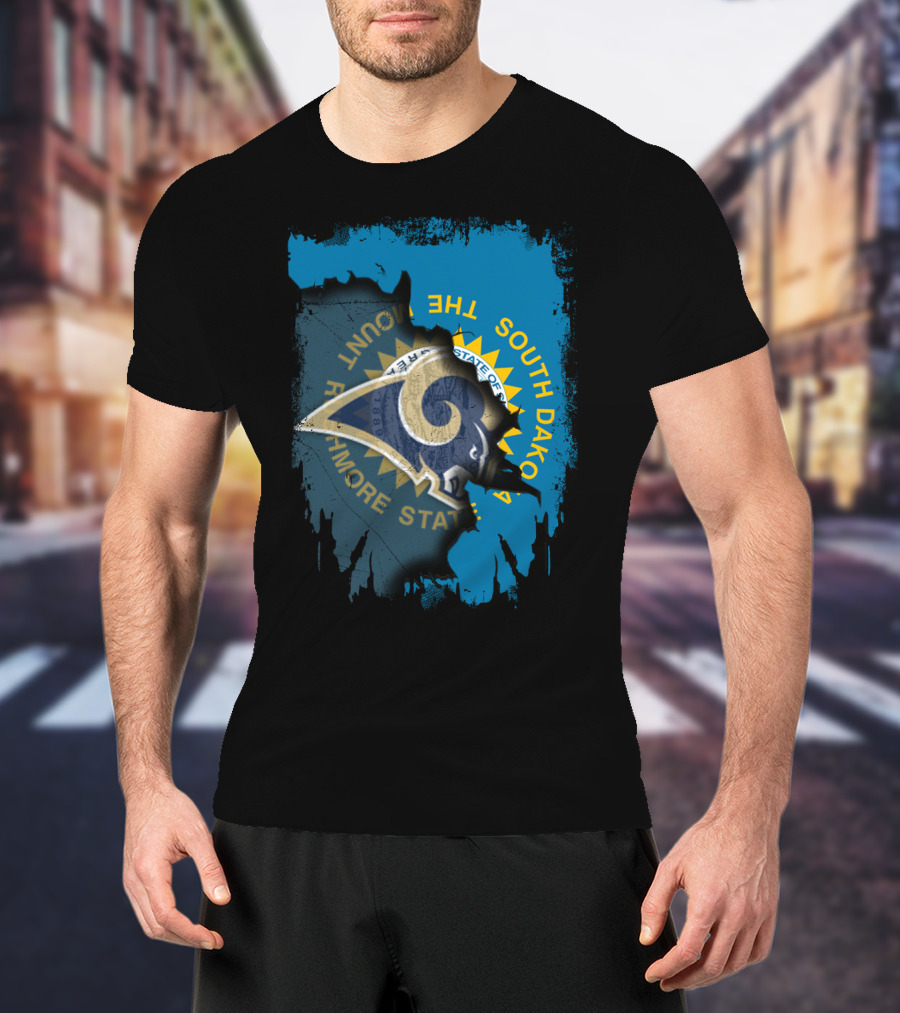South Dakota State Outline With Rams And Mount Rushmore State Text T-Shirt