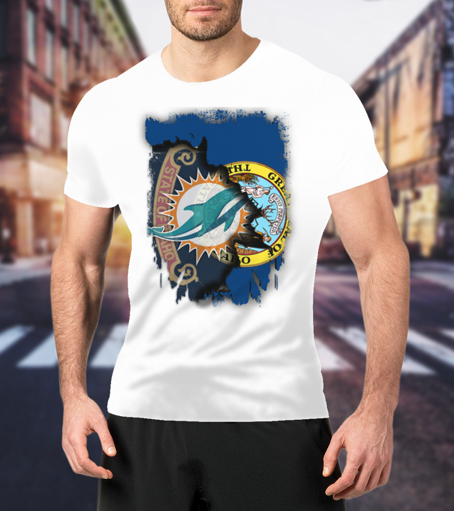 Idaho State Seal Blending With Miami Dolphins T-Shirt