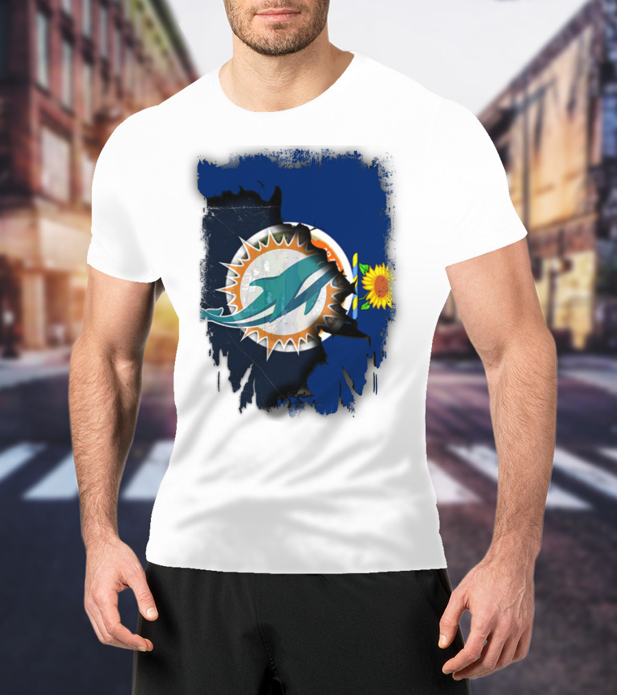 Kansas Flag With Miami Dolphins Logo And Sunflower T-Shirt