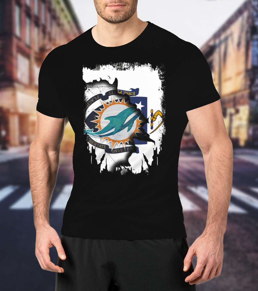 Massachusetts State Crest With Miami Dolphins Logo Integration T-Shirt