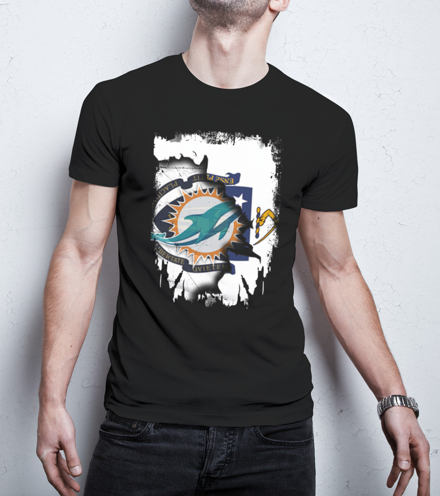 Massachusetts State Crest With Miami Dolphins Logo Integration T-Shirt