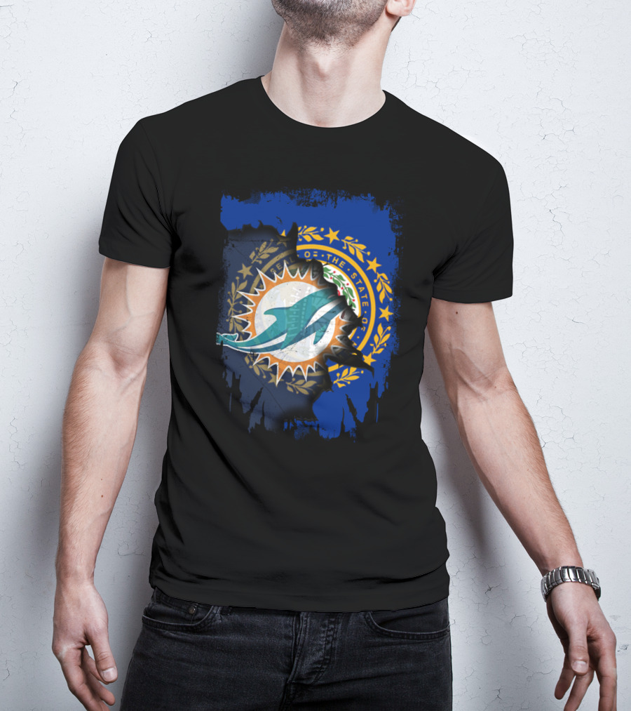 New Hampshire Background With Miami Dolphins Logo Symbolizing Unity T-Shirt