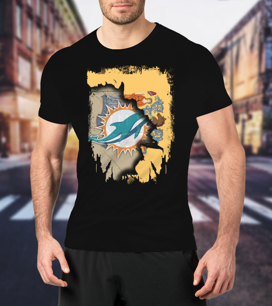 New Jersey Emblem With Miami Dolphins Logo Peeking Through T-Shirt