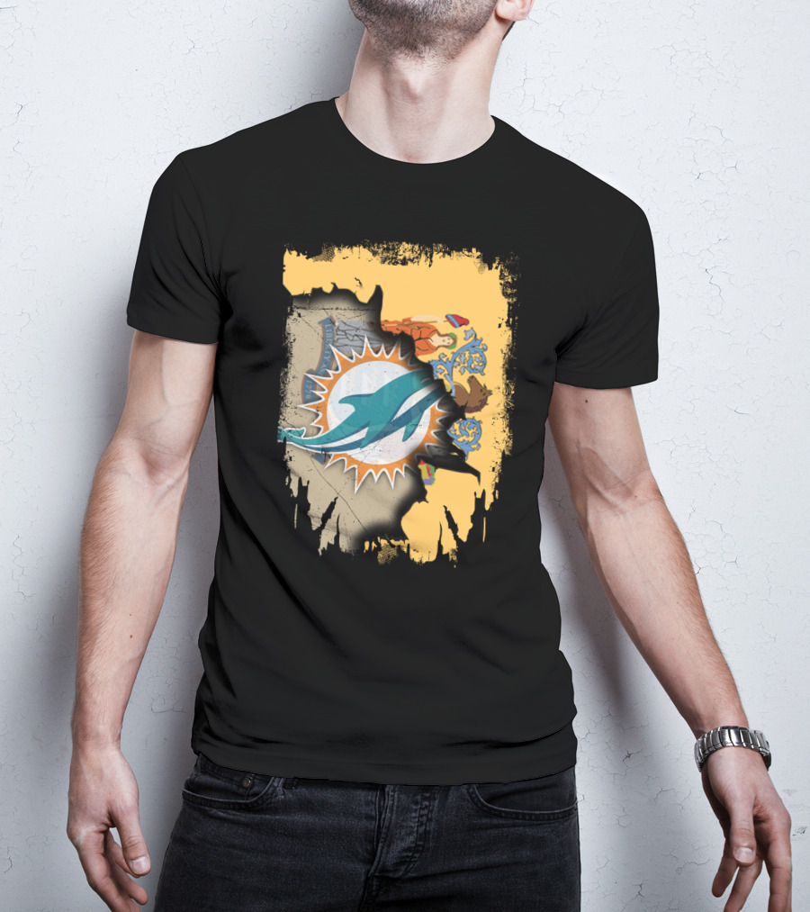New Jersey Emblem With Miami Dolphins Logo Peeking Through T-Shirt