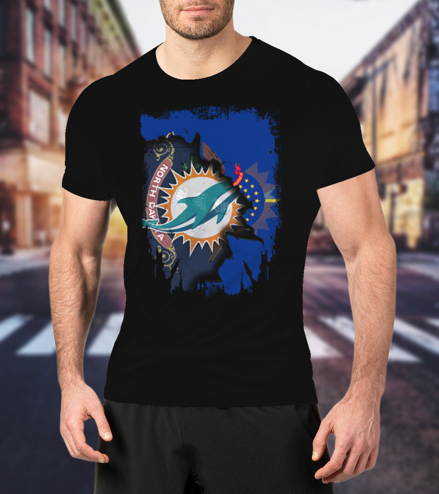 North Dakota State Flag With Dolphins NFL Logo Fusion T-Shirt