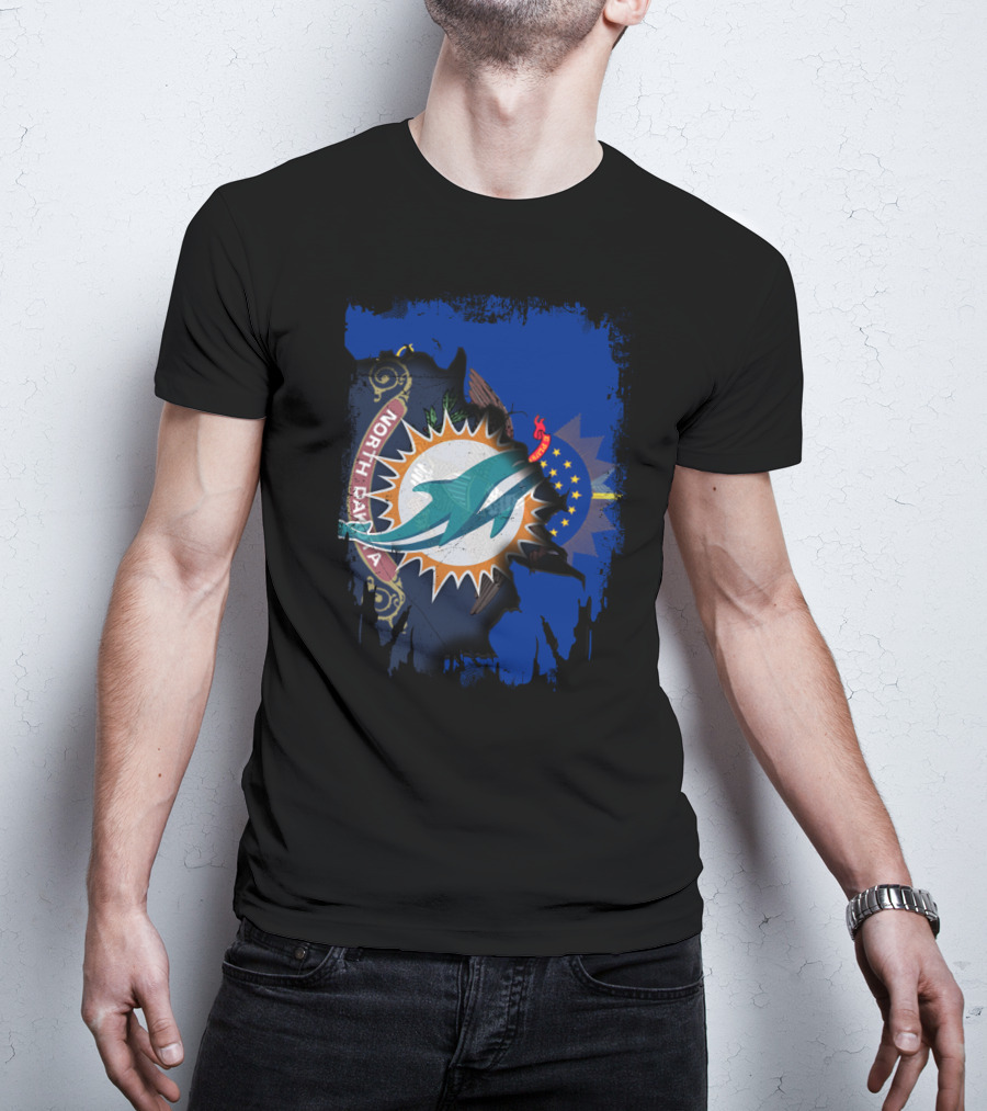 North Dakota State Flag With Dolphins NFL Logo Fusion T-Shirt