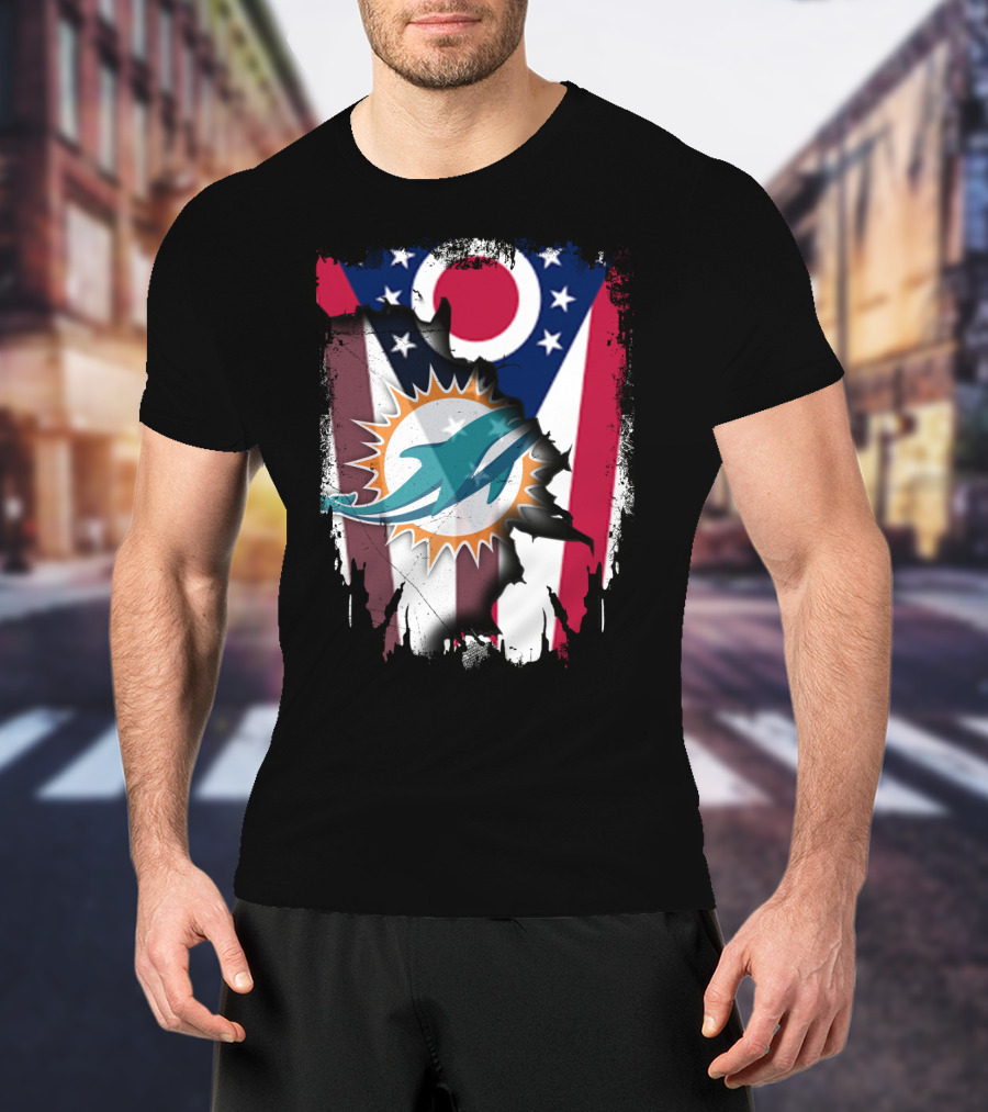 Ohio Flag Torn To Reveal Dolphins Logo Fusion T-Shirt