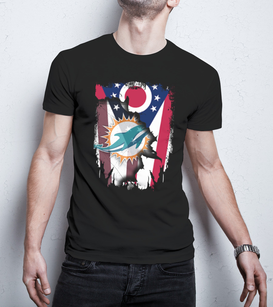 Ohio Flag Torn To Reveal Dolphins Logo Fusion T-Shirt