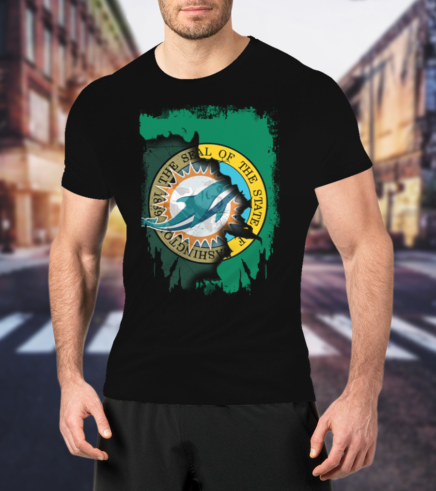 The Seal Of The State Of Washington Dolphins Logo Fusion T-Shirt